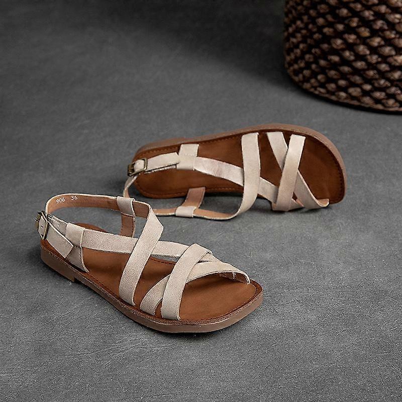 Johnature Simple Genuine Leather Flat Sandals Casual Solid Color Soft Sole Comfortable Versatile Women Shoes