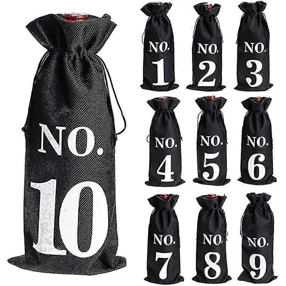 10 Pack Burlap Wine Bottle Sleeves with Drawstring Closure and Pockets for Blind Tasting