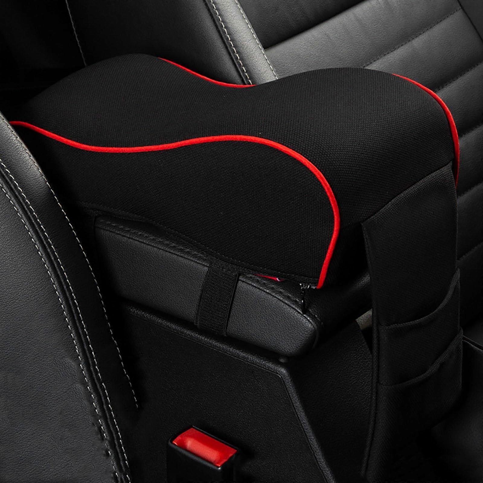 Auto Center Console Armrest Pillow, Memory Foam Car Armrest Cushion with Phone Holder Storage Bag Universal Fit for Most Car (Black Red)