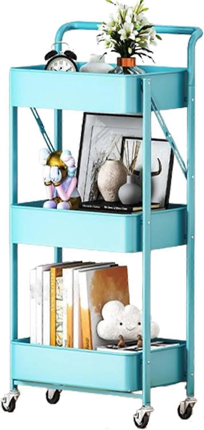 Rolling Cart with Lockable Wheels, 3-Tier Metal Storage Organizer with Handles and Wire Baskets for Kitchen, Office, or Bathroom, Blue