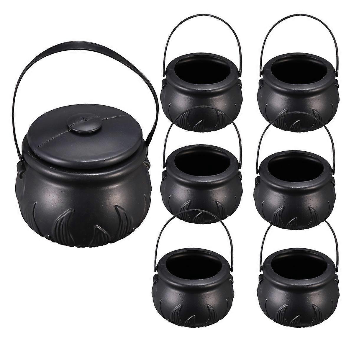 7pcs Halloween Candy Kettles Black Witches Cauldron Treat Holders No Fire Pattern Large Small With Fire For Party Decorations
