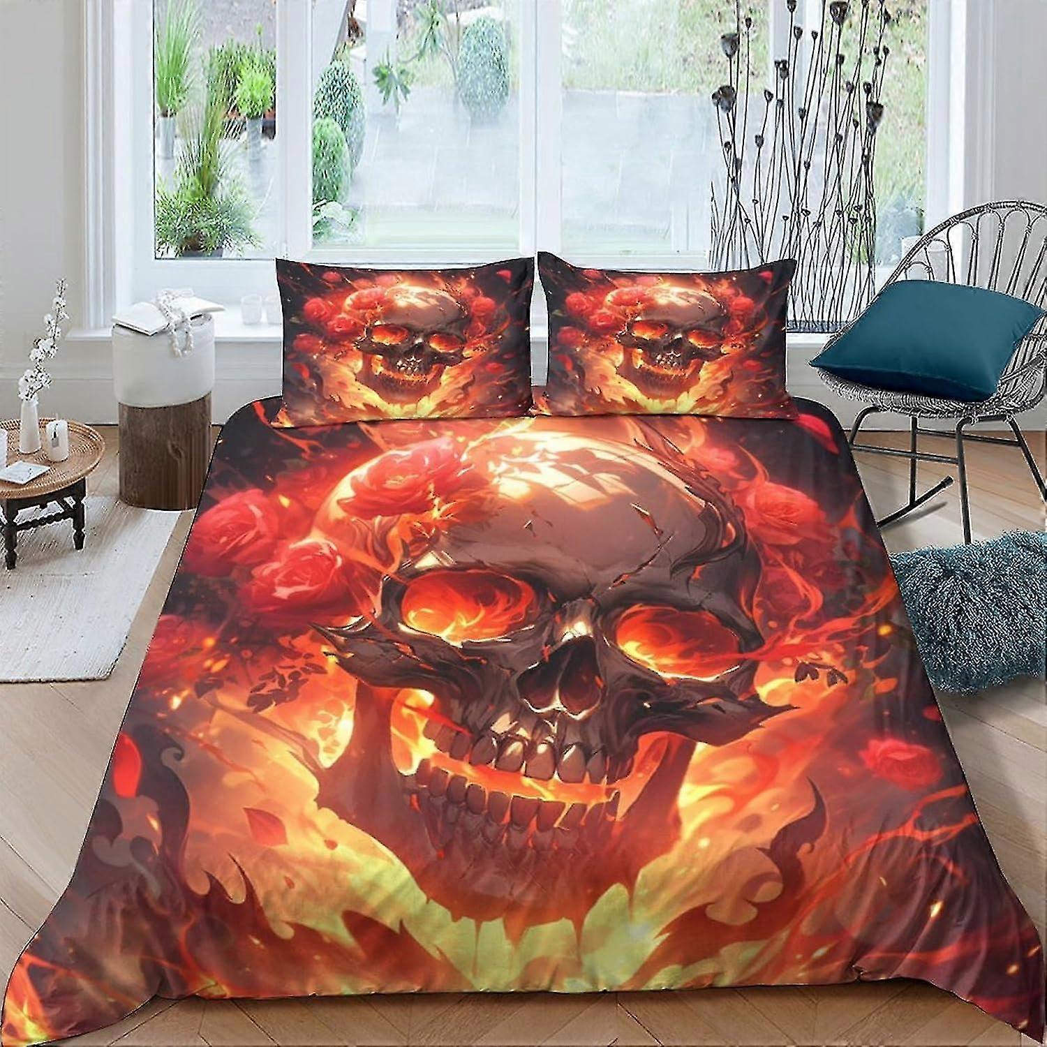 Gothic Skull Bedding Set 3 Pcs Microfiber Polyester Comforter Cover with Zipper Closure Pillowcase Double