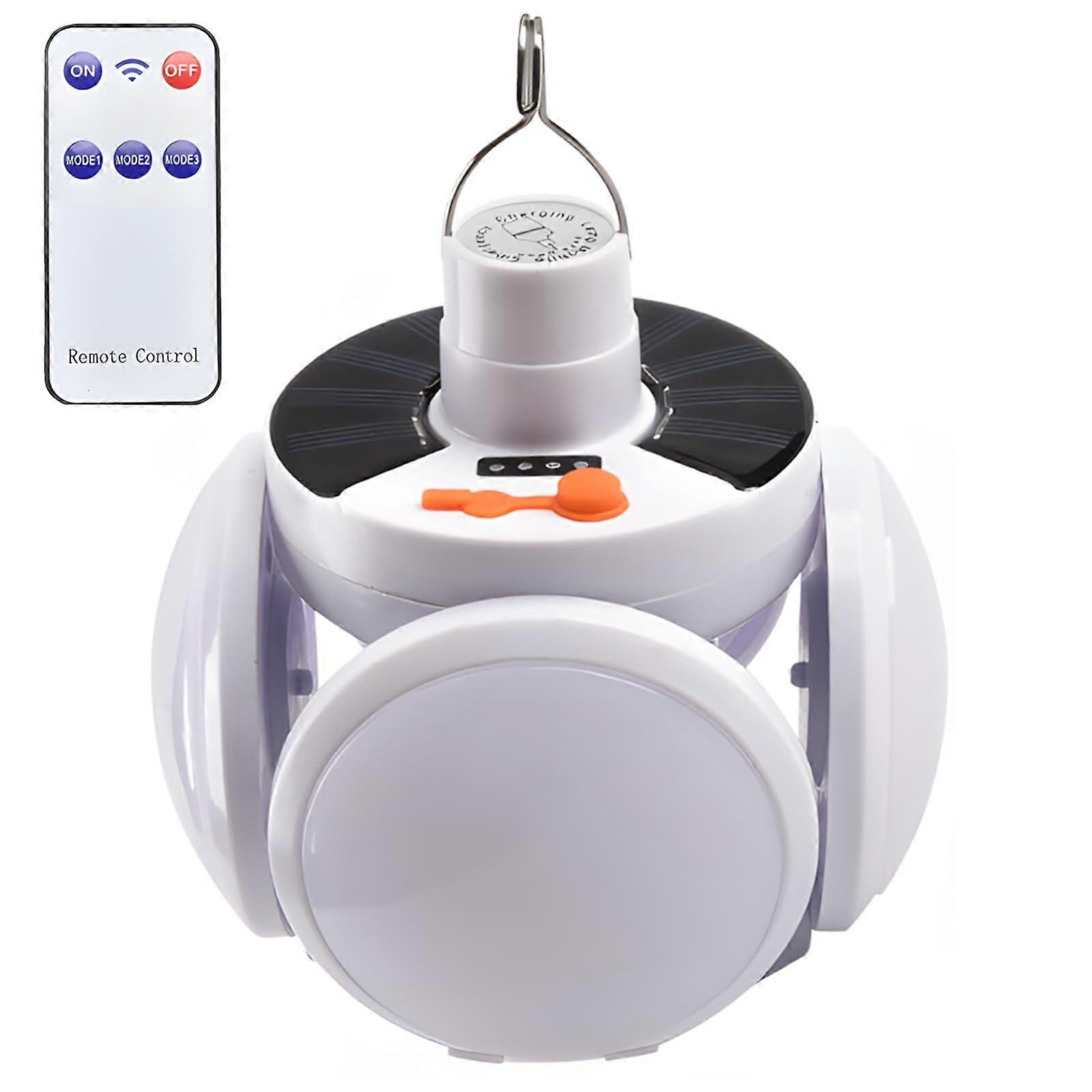 Solar LED lamp with 5 modes, waterproof, foldable design for outdoor camping, emergency lighting, dual battery.