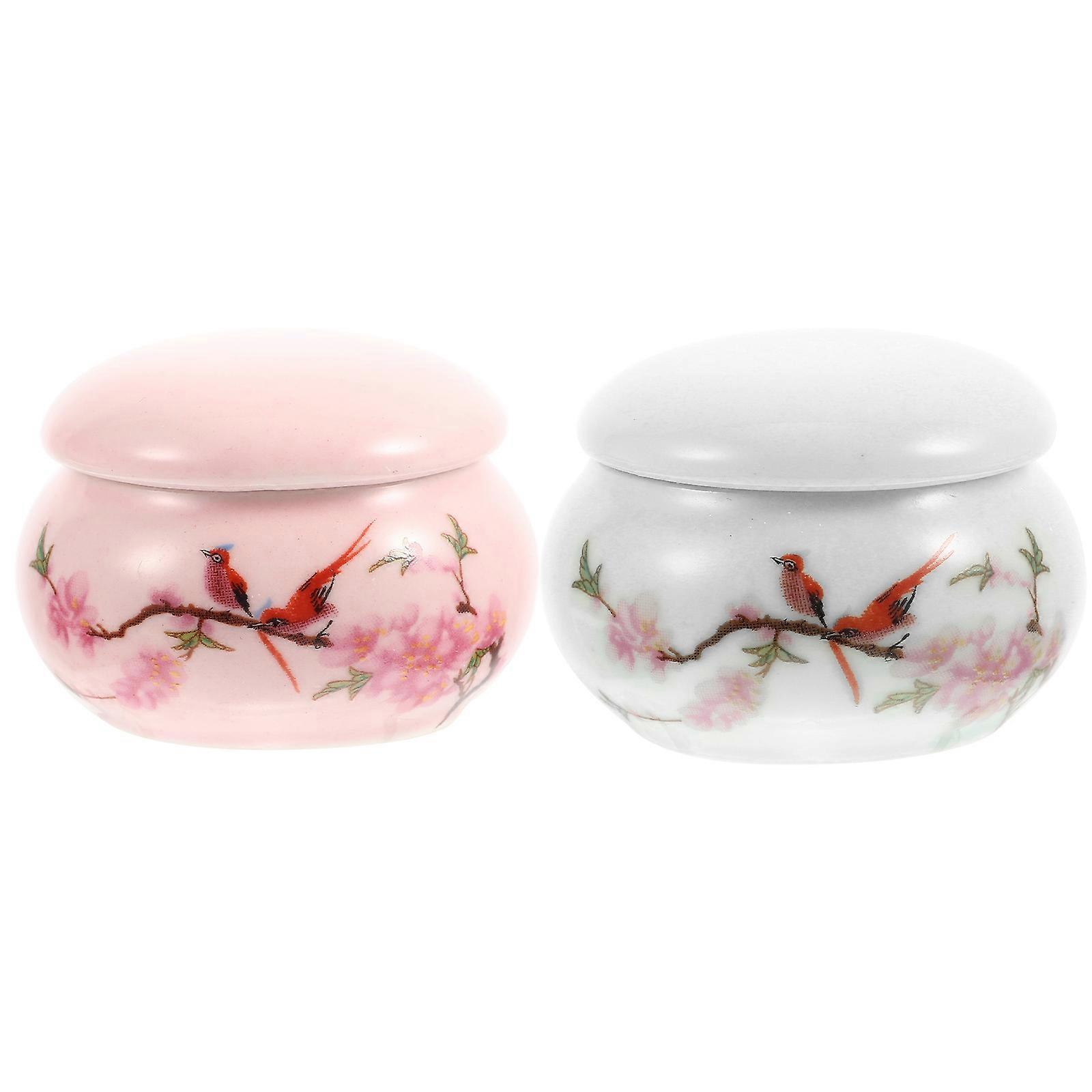 Chic Ceramic Flower Pattern Jars White Elegant Rouge Holders 4.5X4.5X2.5CM Tea Storage 2Pcs