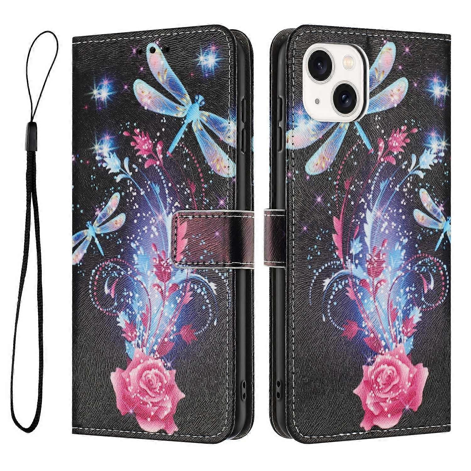 Wallet Case for iPhone 15 Plus/ 14 Plus Pattern Printing PU Leather Phone Cover with Lanyard