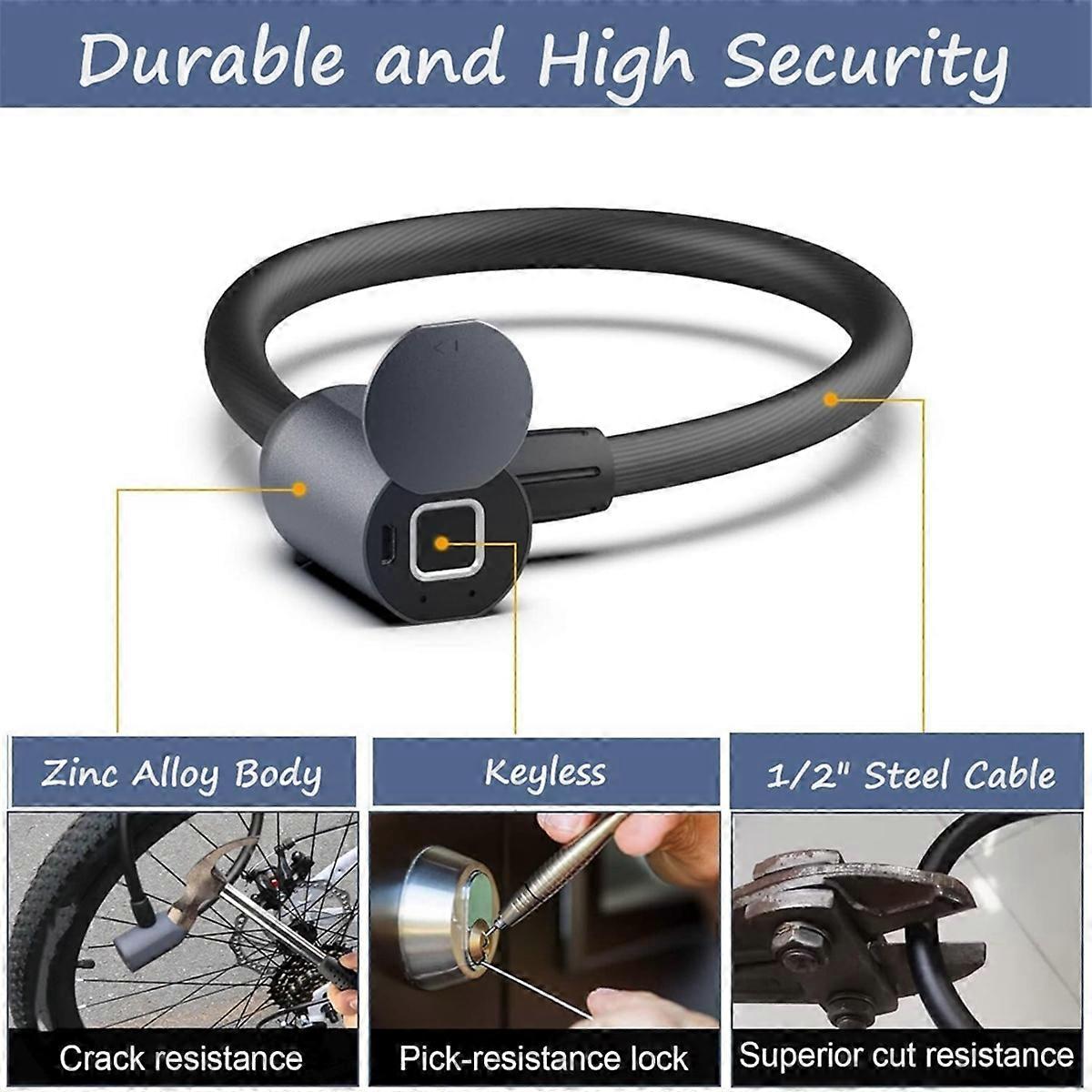 Fingerprint Cable Lock, Smart Bike Cable Lock, Fingerprint Lock with APP Access, Waterproof Biometri