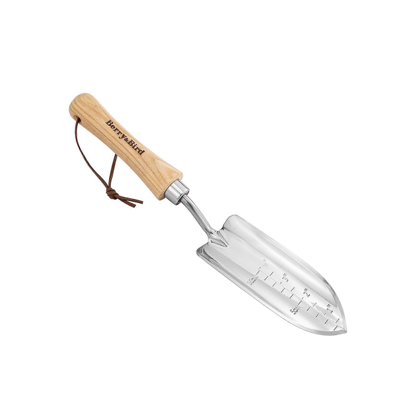 Stainless Steel Transplanting Trowel with Depth Markings and Ergonomic Wooden Handle for Gardening, Replanting, Weeding and Digging