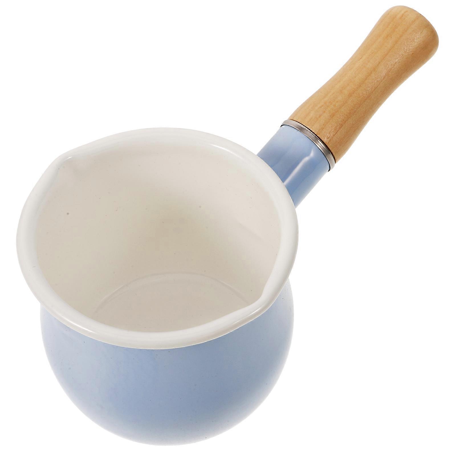 Enamel Small Cooking Pot with Wood Handle for Quick Heating Milk or Melting Butter Grey 6.3 Inches
