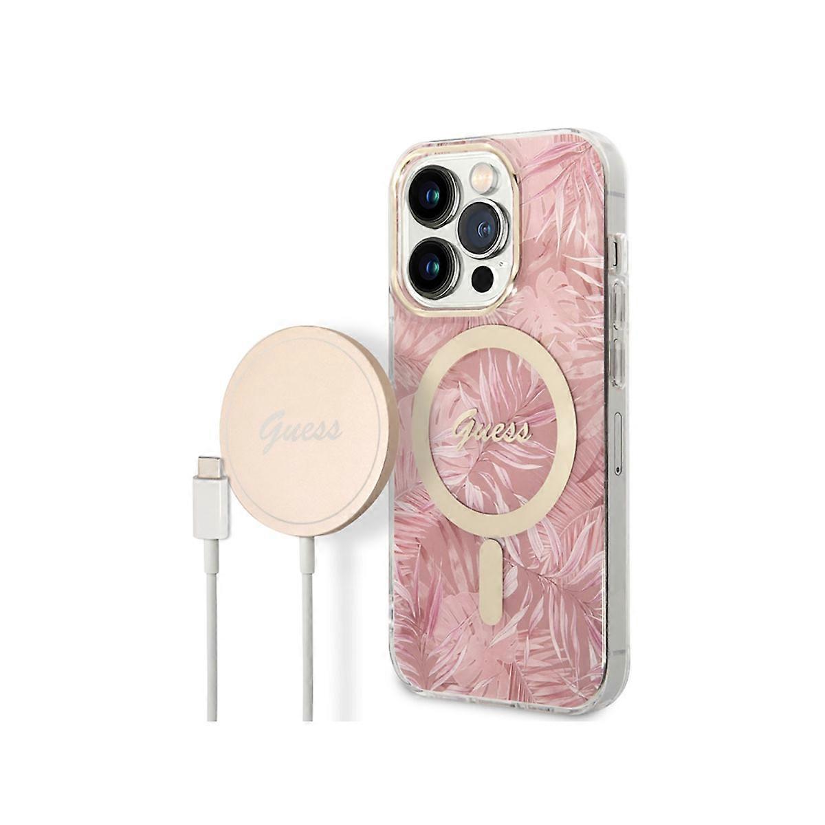 Custodia Bundle per iPhone 14 Pro Jungle pattern e caricabatterie wireless Qi MagSafe da 15 W, rosa