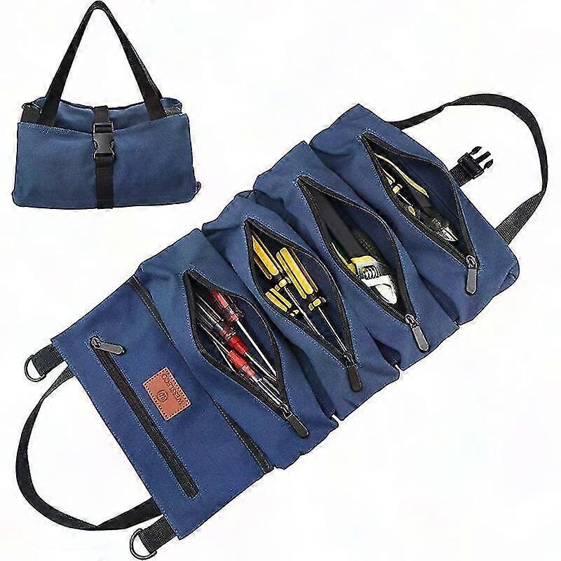 Multifunctional Canvas Roll-Up Tool Bag for Keys in Blue