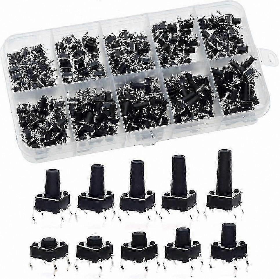 200pcs Tactile Push Buttons, 66mm Long Feet, Assorted Sizes (6-13mm), 20pcs Each Size, Ideal for Electronics Projects