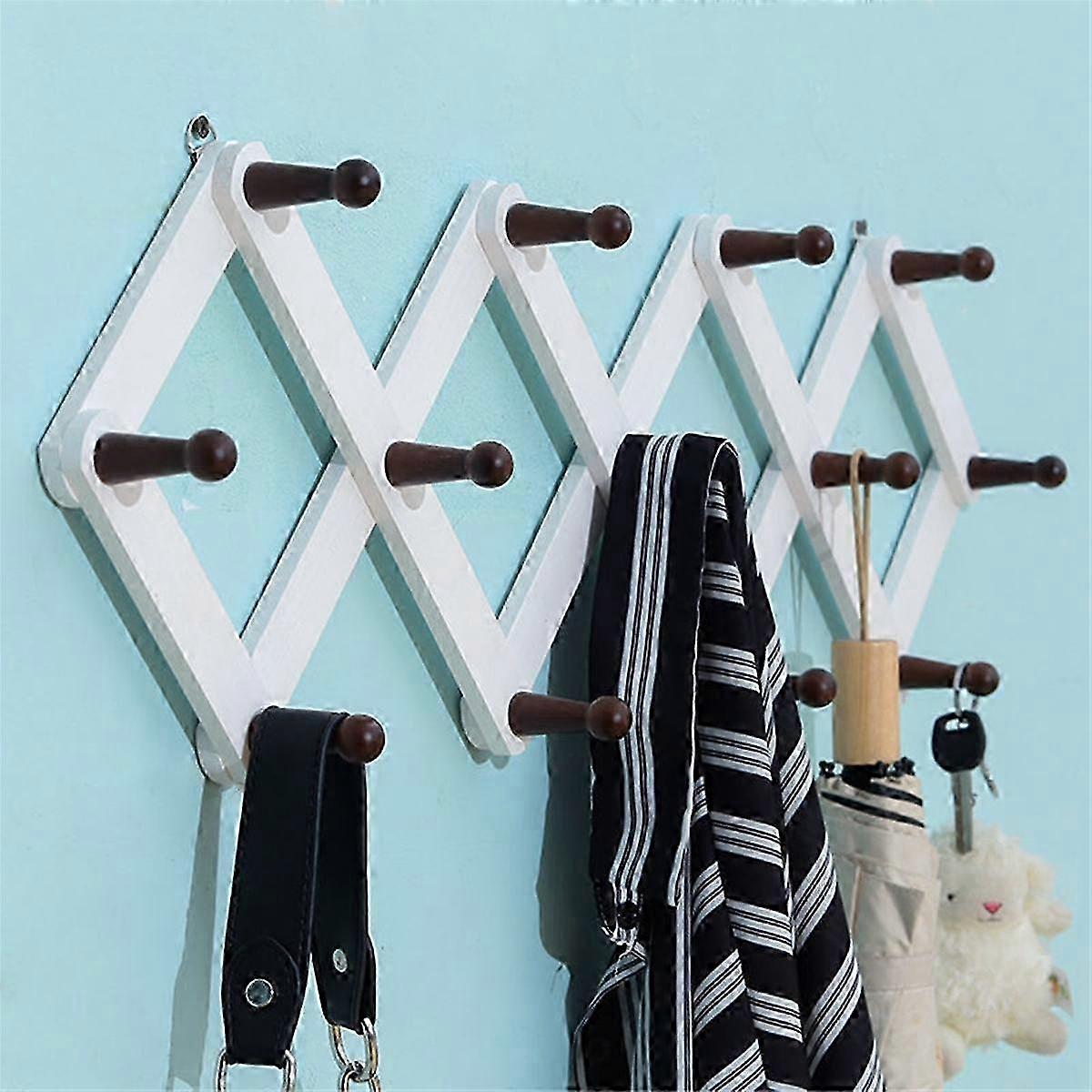 Wall-Mounted Coat Rack with Accordion Hanger: Strong Pine Wood Construction and Expandable Metal Hooks for Your Convenience