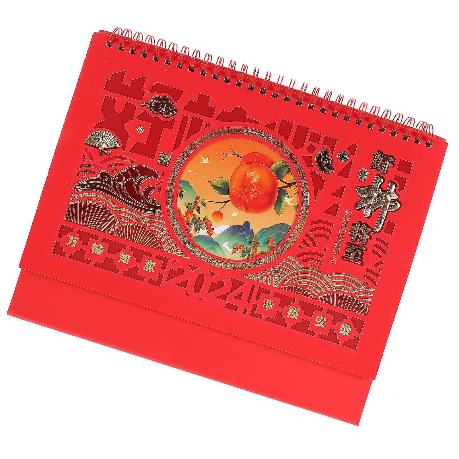 3Pcs Desktop Calendar For Office Use In 2024 Dragon Year Red Color Design Decoration
