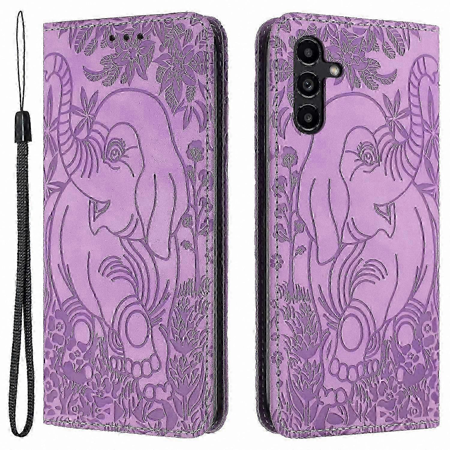 Elephant Pattern Leather Phone Case with Strap for  Galaxy A54 5G