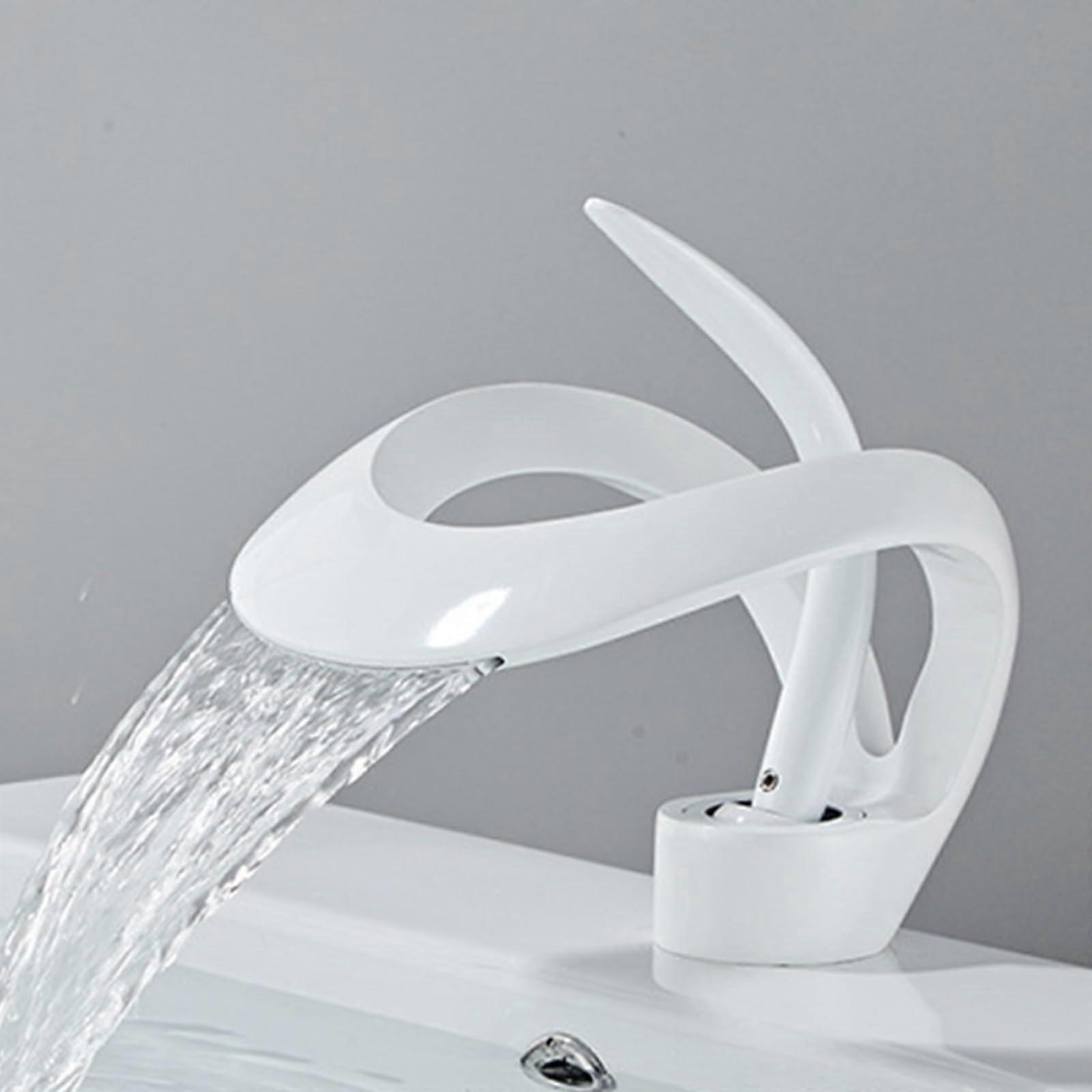 Bathroom Faucet Waterfall White Modern Design Lavatory Vanity Basin Mixer Tap 1Hole SingleHandle With Hot Cold Hose