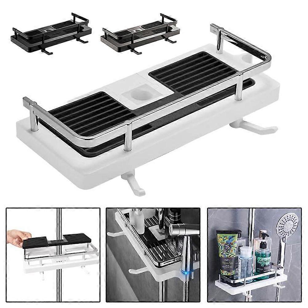 No Drill Shower Caddy Adhesive Space-Saving Bathroom Shelf with 2 Hooks for Shampoo, Soap, and Clutter-Free Vanity