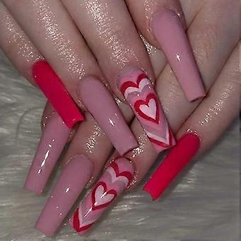 25-26 Valentine's Day Press on nails Long Square Fake Nails Tips Acrylic French Red White Heart Exquisite Luxury Design Fashion Romantic Val