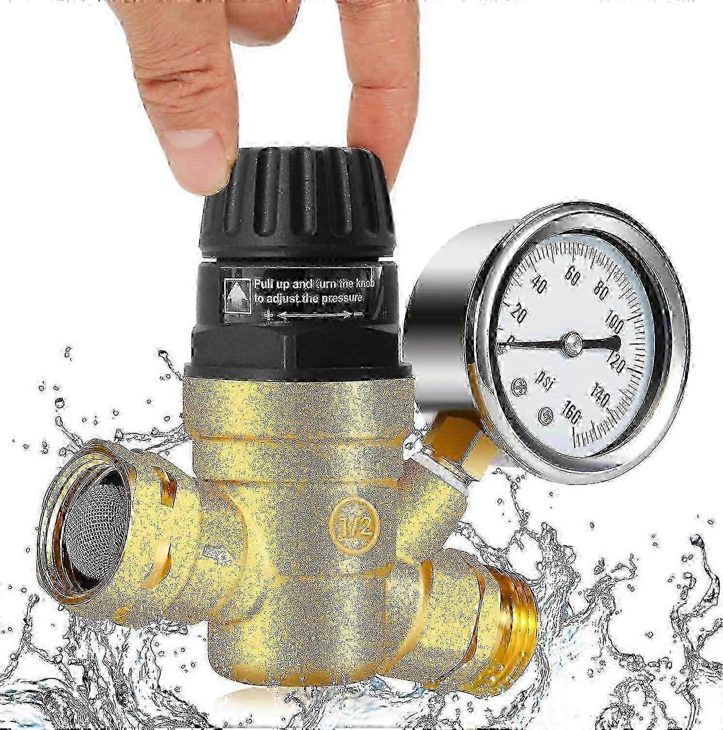 Handle Adjustable RV Water Pressure Regulator with Gauge, 3/4 GHT 160PSI Lead-Free Brass RV Pressure Reducing Valve with 4 Inlet Screened Filters for