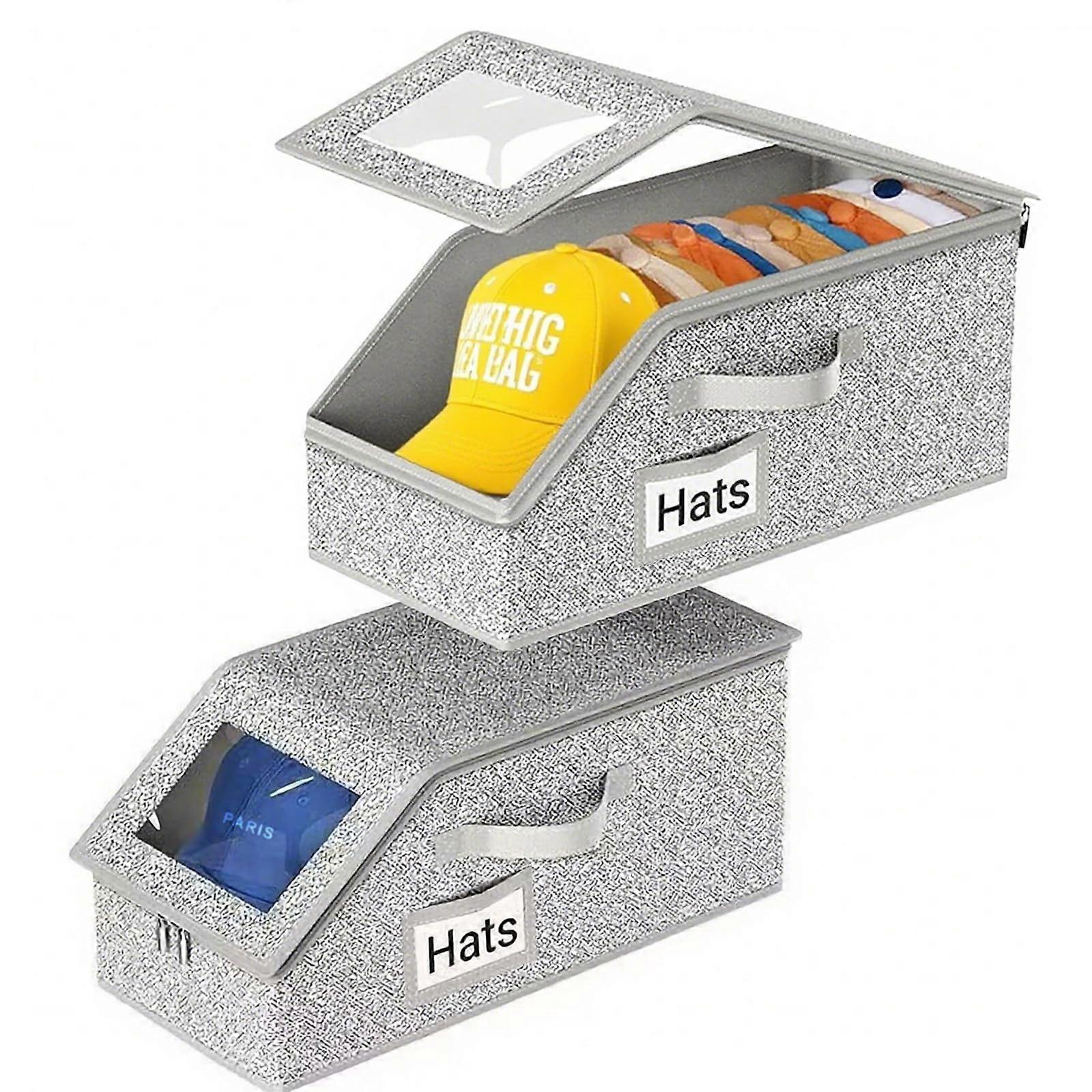 Baseball Cap Storage Boxes 2 Pack Holds 24 Hats Stackable Closet Organizer with Clear Window Grey