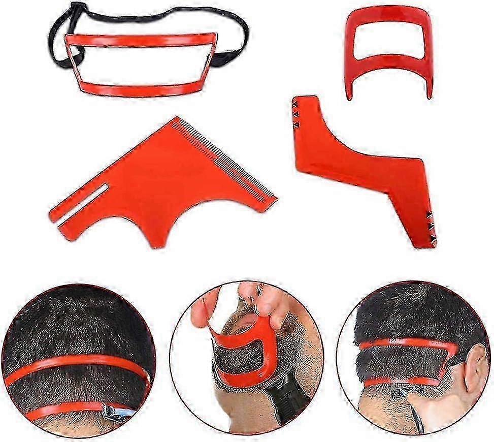 2025 Beard Shaping Tool Kit, Neat Visual Effect, Professional Salon Use Lightweight Red Plastic Beard Template Set For Men's Stylish Grooming (4Pcs)