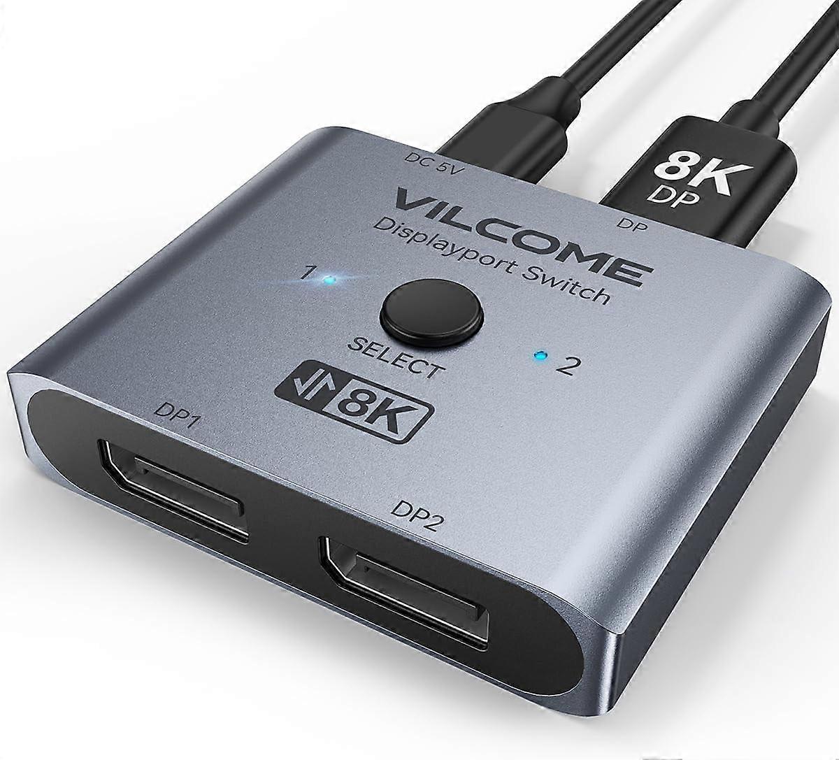 DisplayPort Switch 8K Splitter, Plug & Play, One-Button Switching, Bidirectional Display Port Switcher Box 2 in