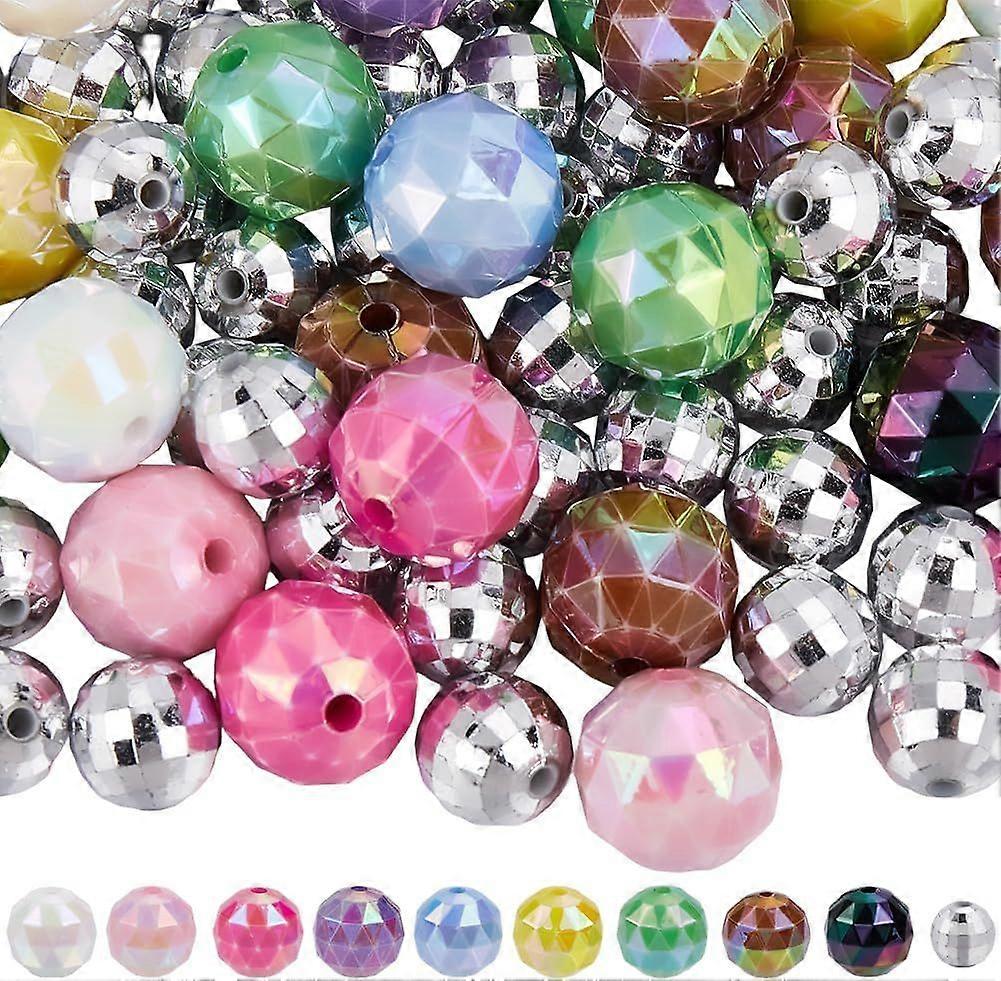 82Pcs Mirror Ball Bead Acrylic Pen Beads Bulk Colorful Faceted Round Sparkly Disco Reflective Mirrorballs Small Loose Spacer Pens Beadable Bead for Je
