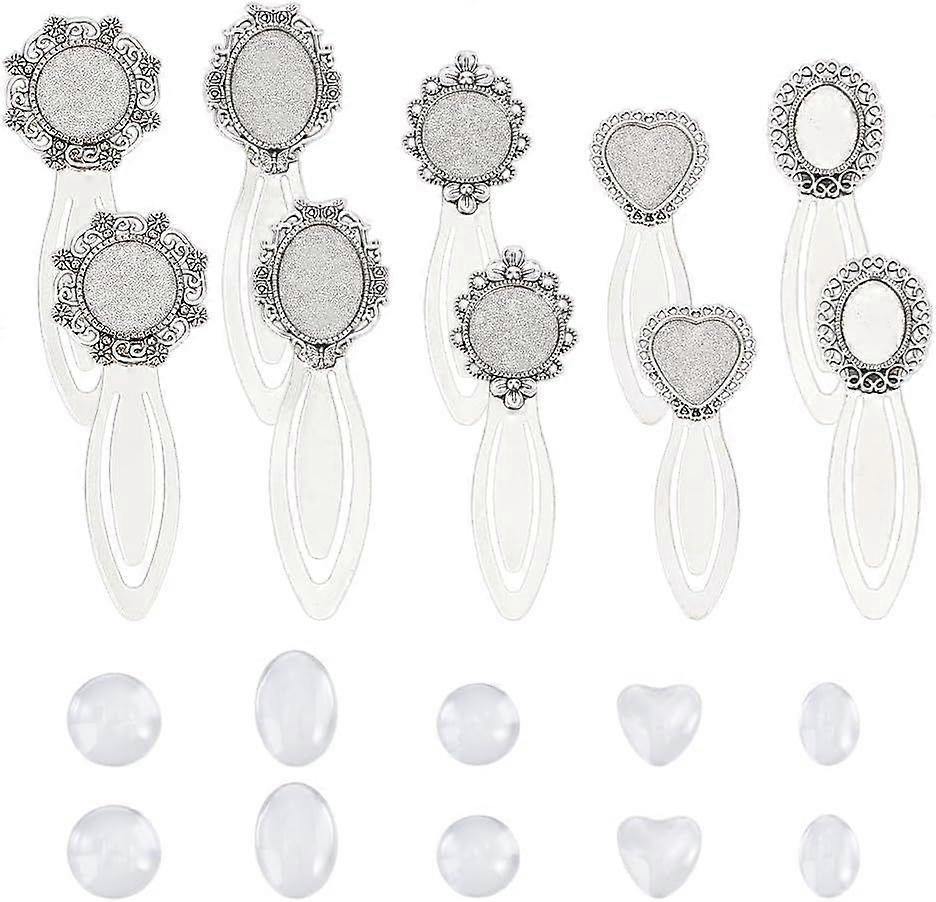 10Pcs Cabochon Bookmark 5 Styls Round Heart Bookmarks with Round Tray Tibetan Alloy Makings Sets Silver for Reading Lovers Bookmark Making Tray:20x19m