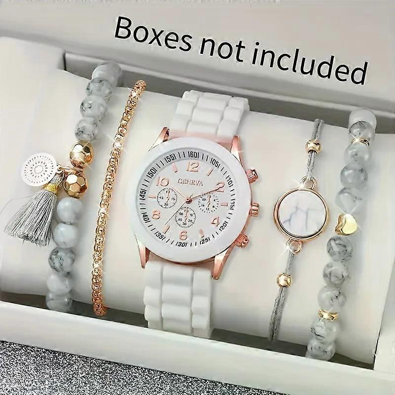 5pcs/Set Chic Women's Quartz Watch with Silicone Strap & Coordinating Marble-Pattern Bracelets
