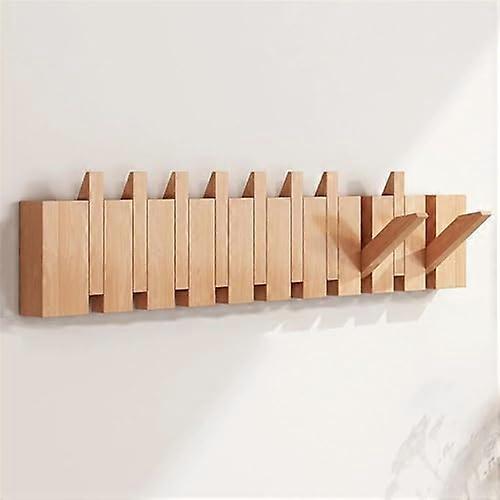 Wooden Wall Mounted Coat Rack with Solid Wood Flip Down Hooks, Magnetic Lock, 10 Hook Beech Walnut