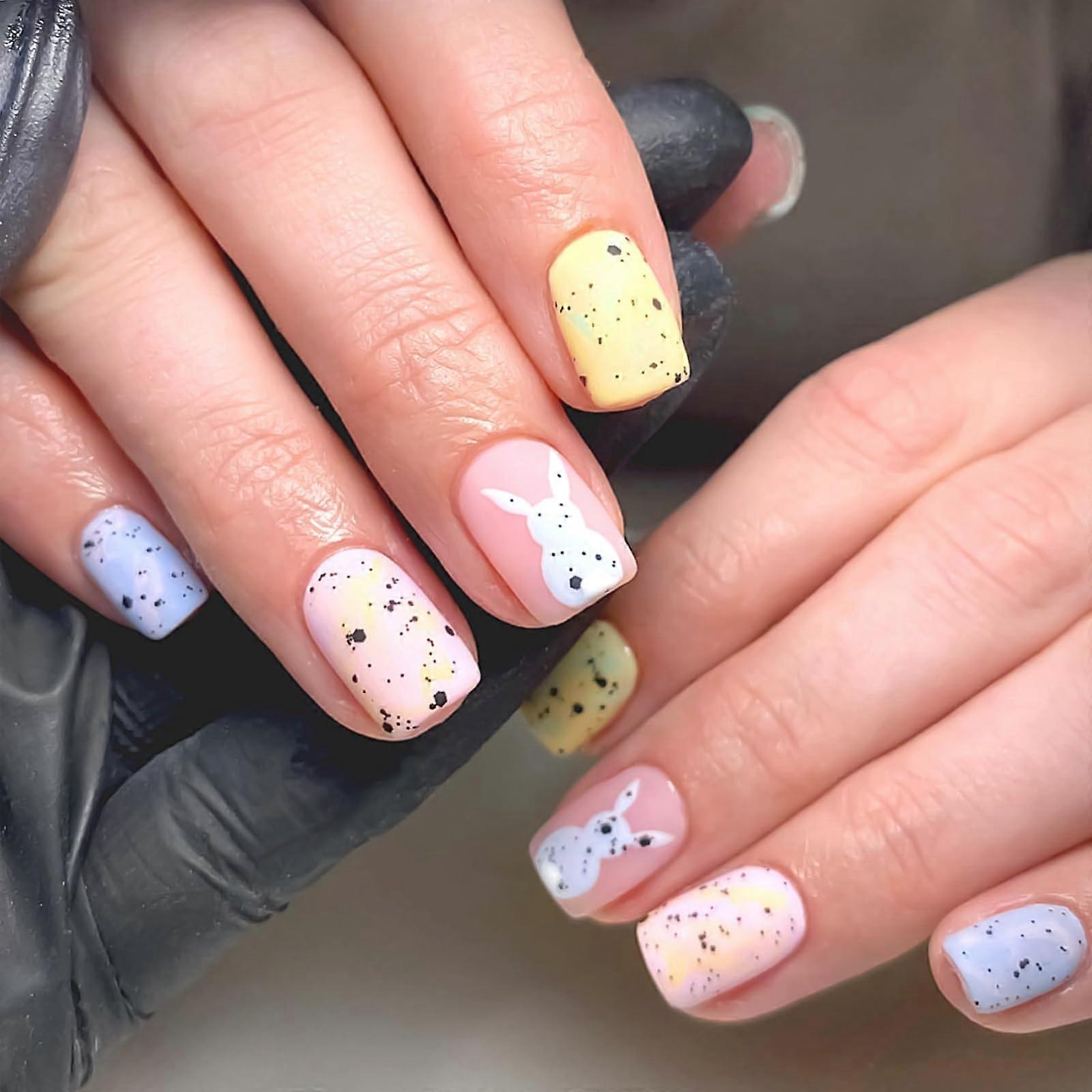 Easter Press On Nails with Bunny Design, 24pcs Colorful Short Square Acrylic False Nails Set