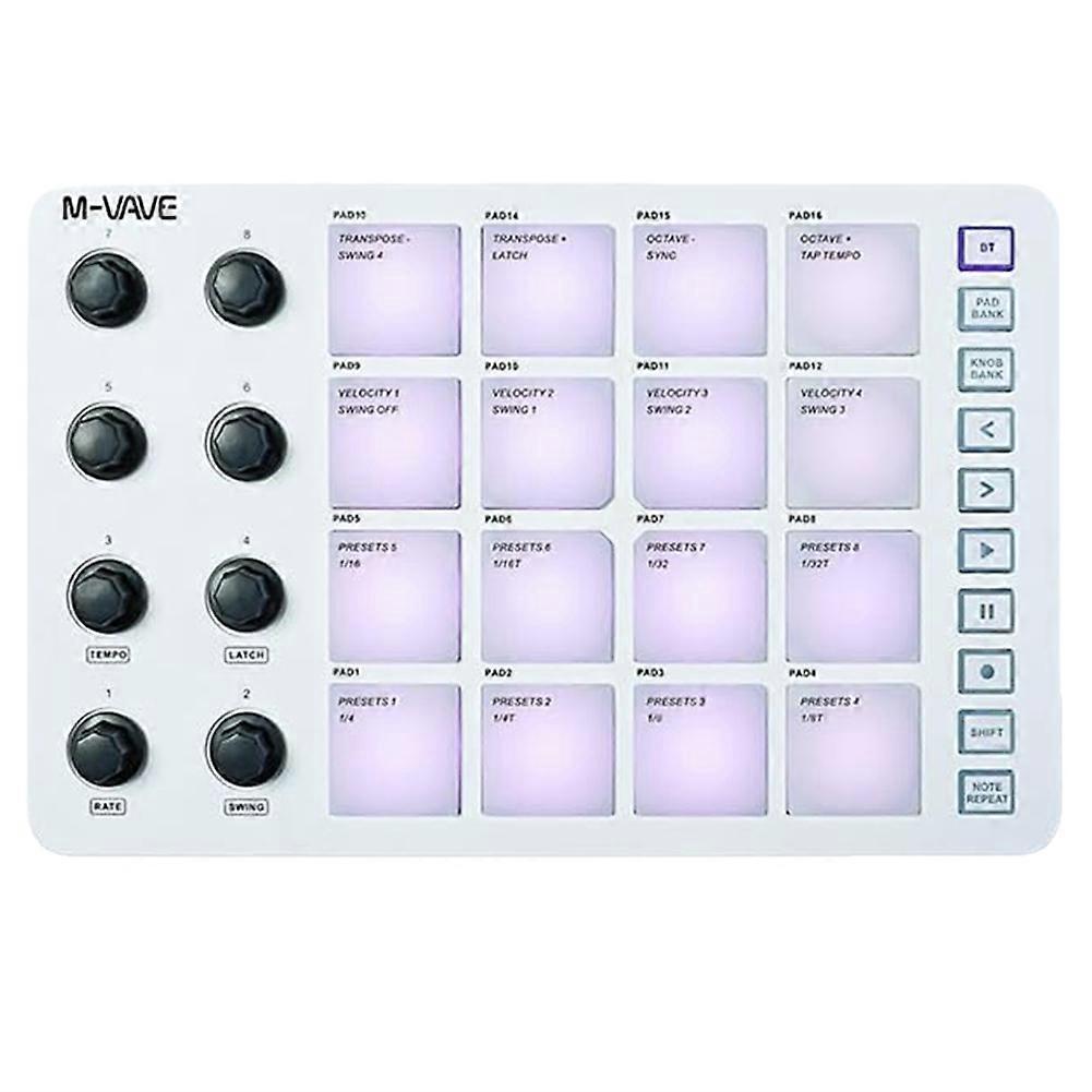 M-VAVE Wireless MIDI Pad Bluetooth MIDI Controller,16 Pads & 8 Assignable Knobs, Portable USB-C Powered W/Built-in Battery White