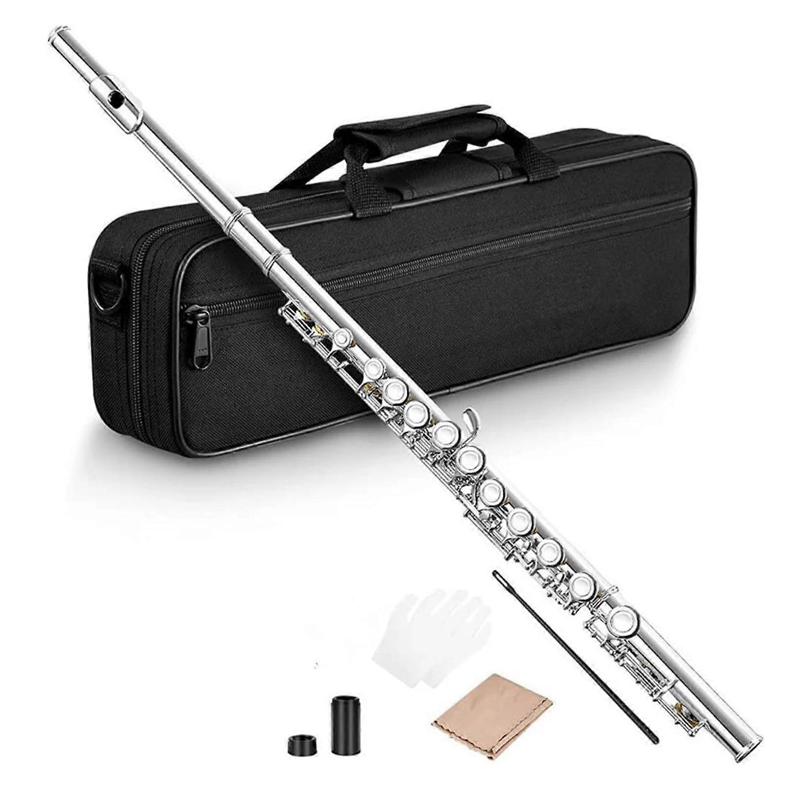 Student Flute C Tone 16 Key Closed Hole Silver Plated with Case for Beginners