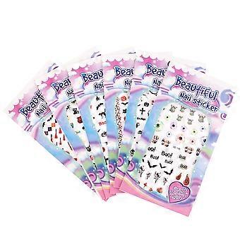 Totenkopf-Nagelsticker mit Halloween-Motiv für Körperkunst-Designs in verschiedenen Farben, 6 Bögen