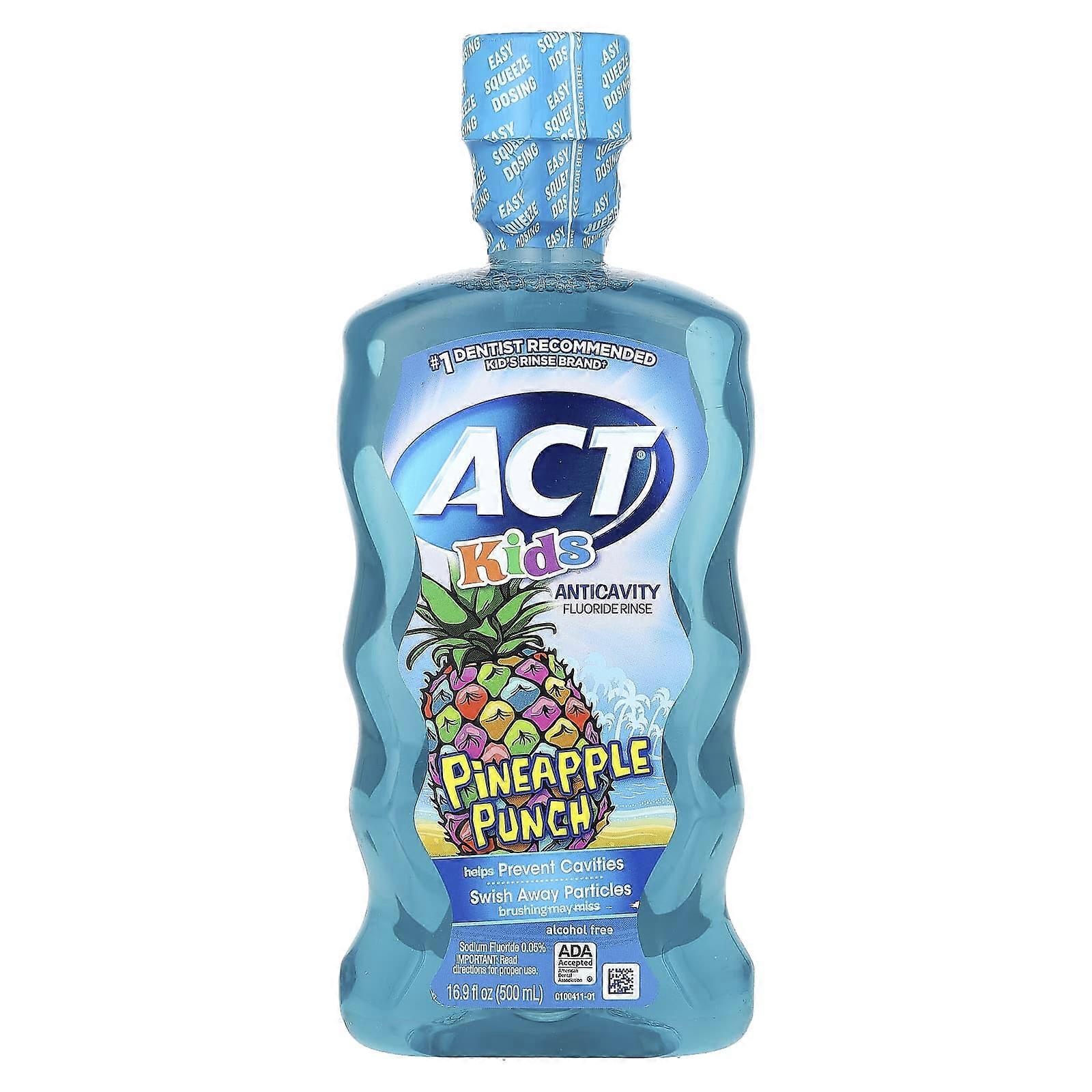 ACT, Kids, Anticariës Fluoride Mondspoeling, Alcoholvrij, Ananas Punch, 500 ml, Verpakking van 4 stuks