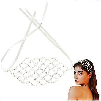 Plastic Imitation Pearl and Polyester Mesh Headbands Hair Accessories for Women Girls Light Yellow 1000mm