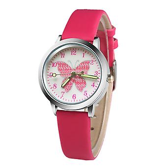 Veeki Cute Pink Butterfly Cartoon Children's Watch, Leather Watch Sports Quartz With Luminous Hands, Birthday Gift For Boys And Girlsrose Red