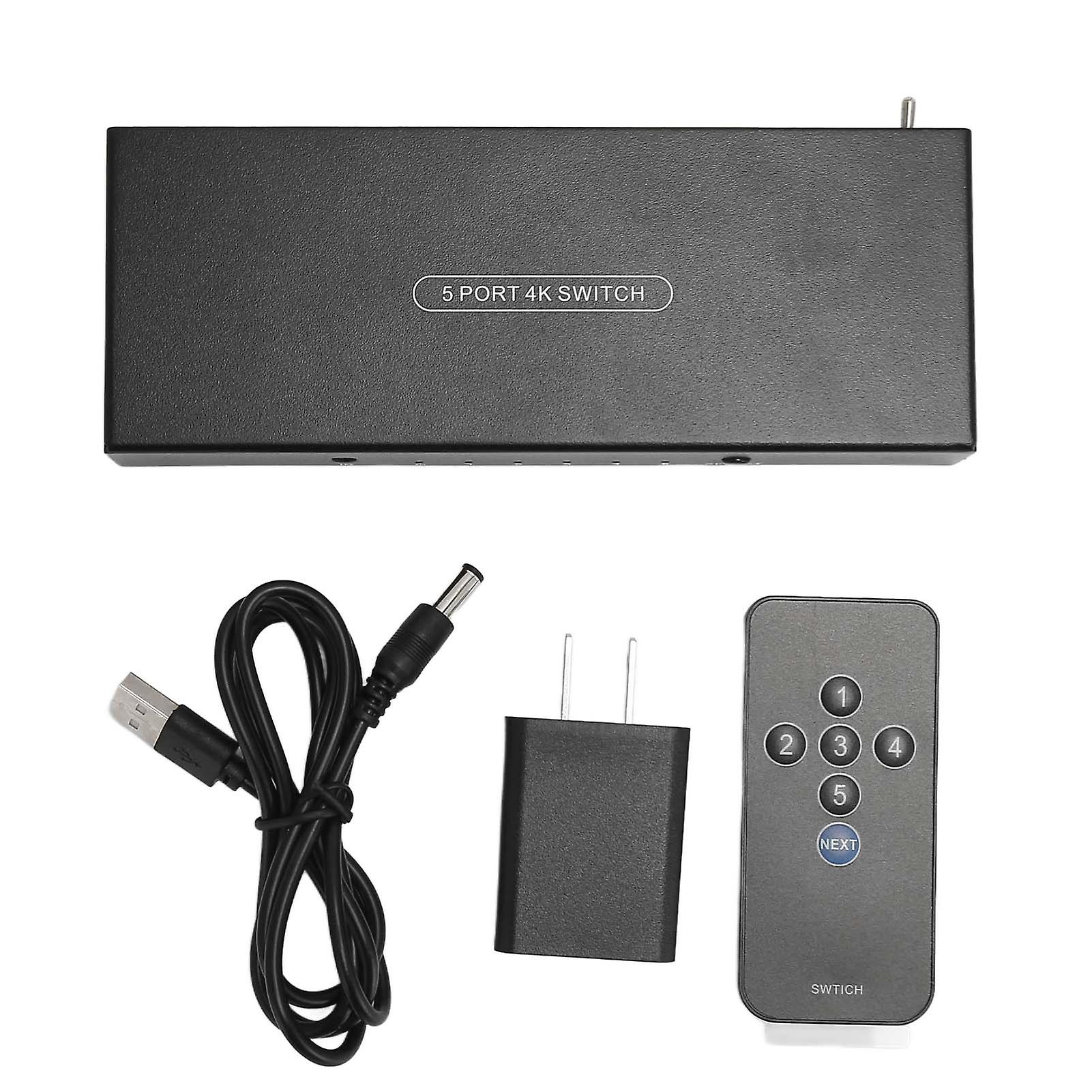 5 Port 4K 60Hz HDMI Switcher with 7.1 Surround Sound - 5 In 1 Out, US Plug, 100-240V