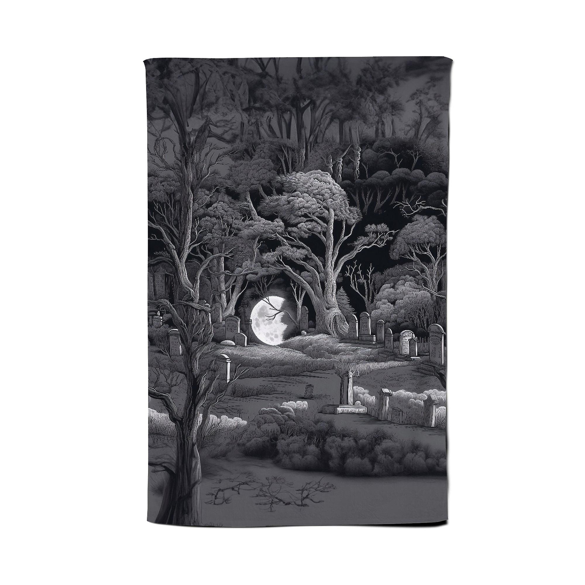 Eerie Moonlit Cemetery Tea Towel