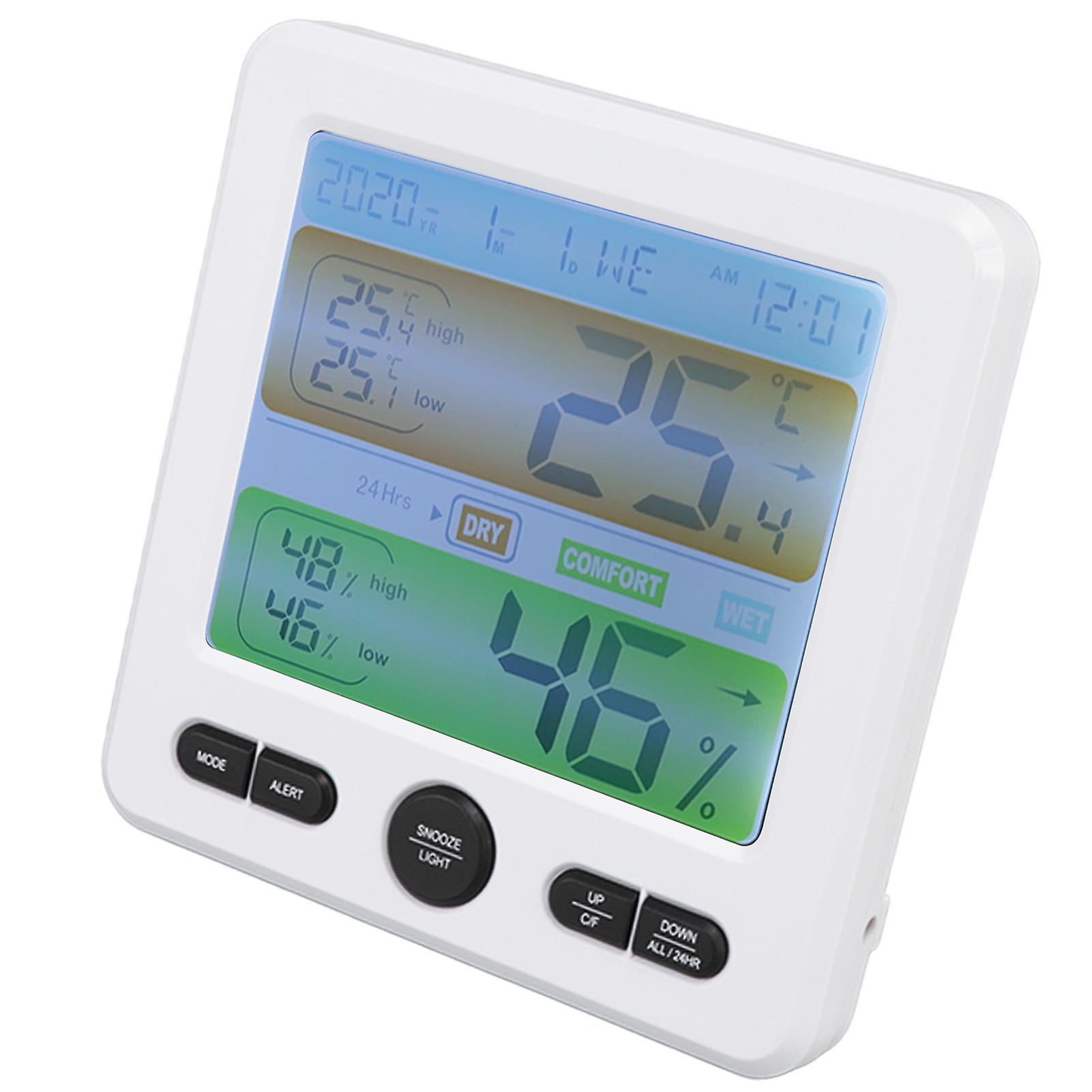 Indoor Thermometer Digital Color Screen Alarm Temperature Humidity Monitor Bedside Clock for Home White