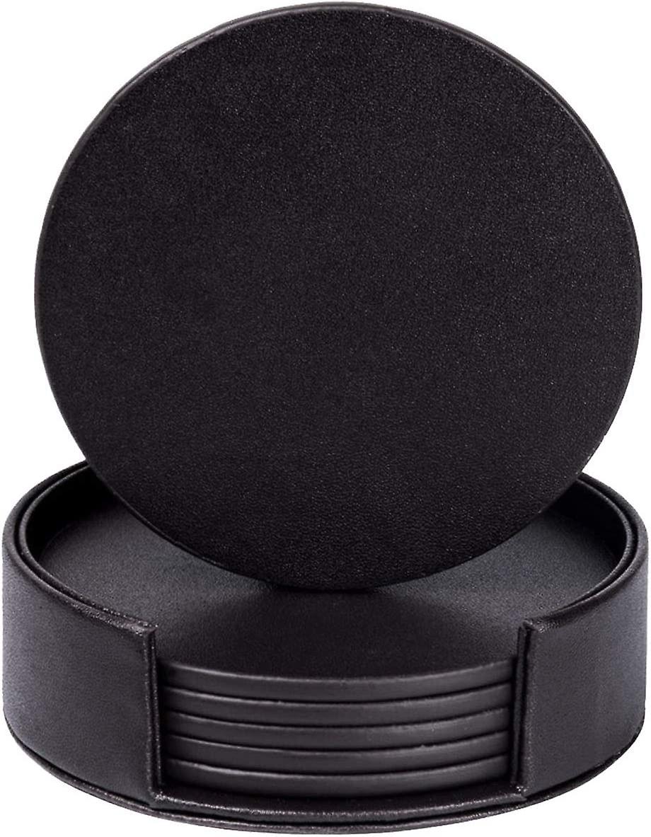 PU Leather runde coasters, sett med 6, svart