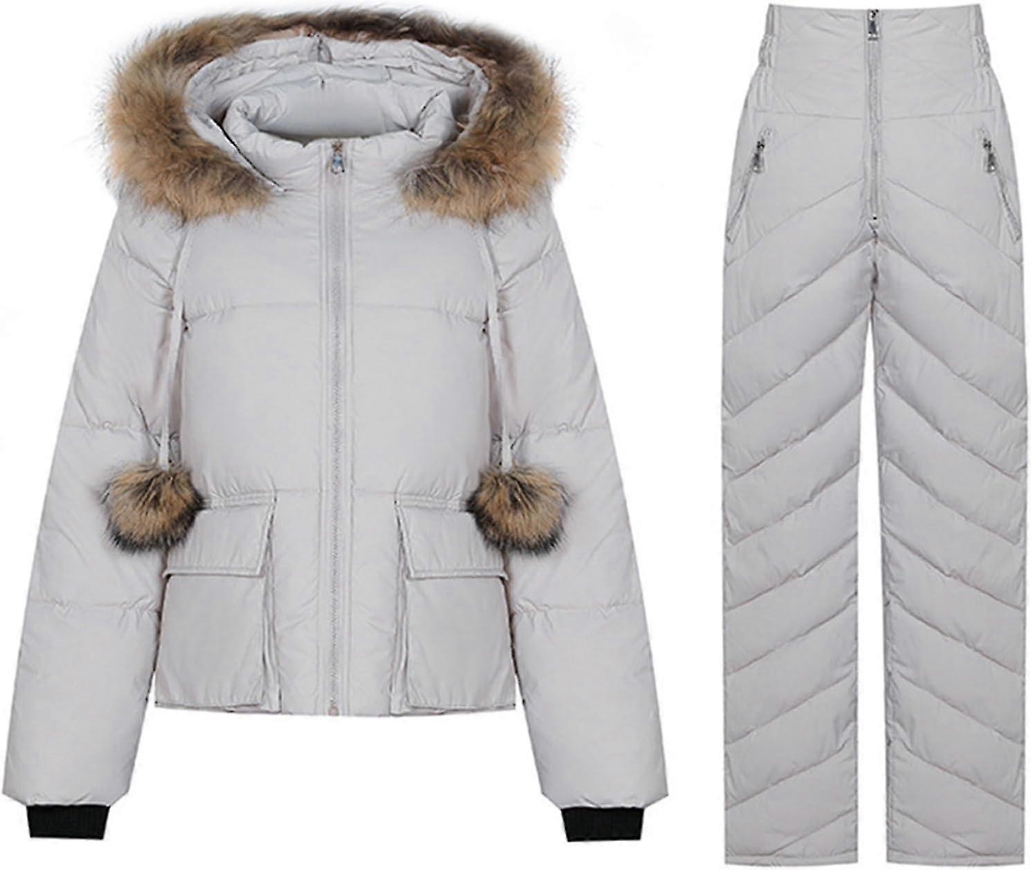בגדי ריקוד נשים תלבושות 2 חלקים 2024 פרווה מלאכותית מעיל חורף עם קפוצ'ון מעיל נפוח מעובה פרקה ומכנסיים למטה סקי חם חליפות שלג