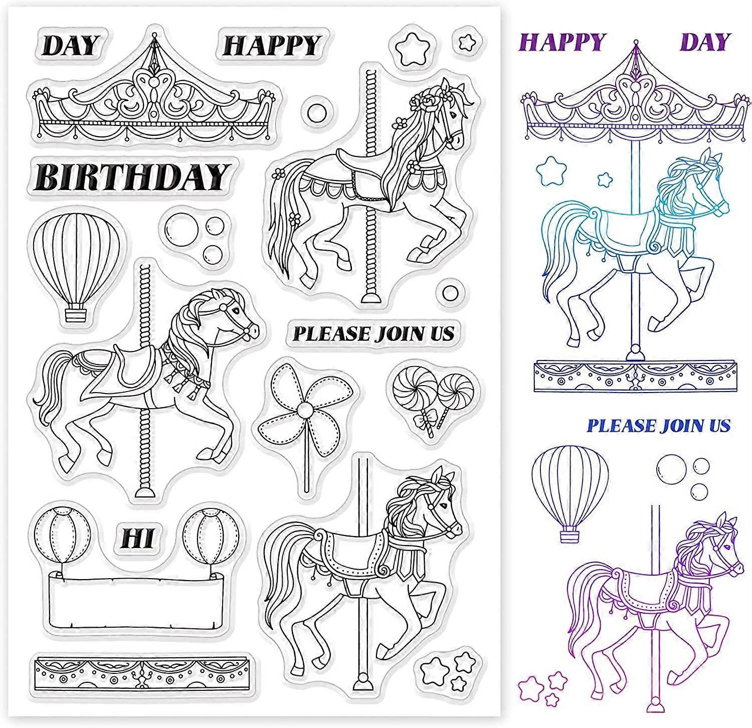 1Sheet Happy Birthday Clear Stamps Transparent Silicone Stamp Carousel Windmill Balloon Candy for Card Making Decoration and DIY Scrapbooking