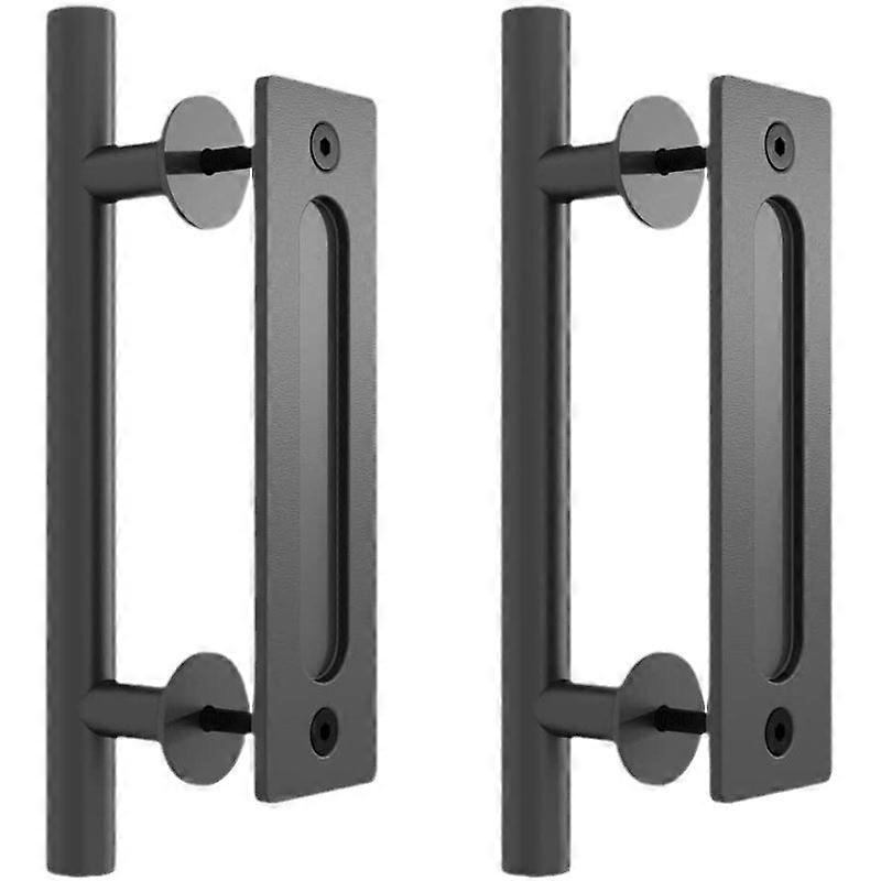 12 Inch Sliding Barn Door Handle, Pull and Flush Hardware Set, Solid Cast Iron Rustic Style, Black-/Garages