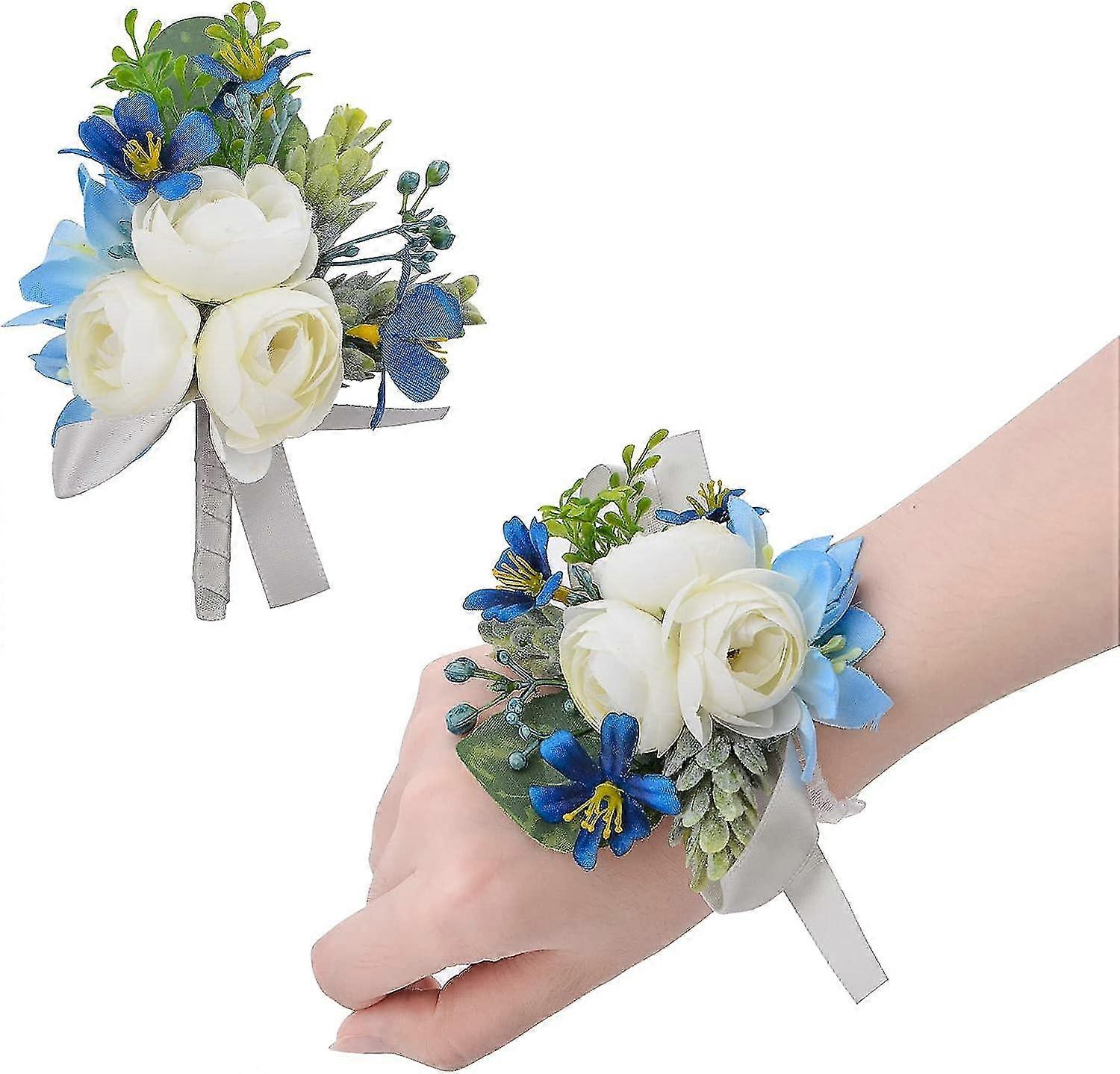 2 stk håndled corsage blomst, kunstig bryllup håndled corsage og boutonniere sæt brud hånd blomst mænd boutonniere til bryllup, hvid og blå