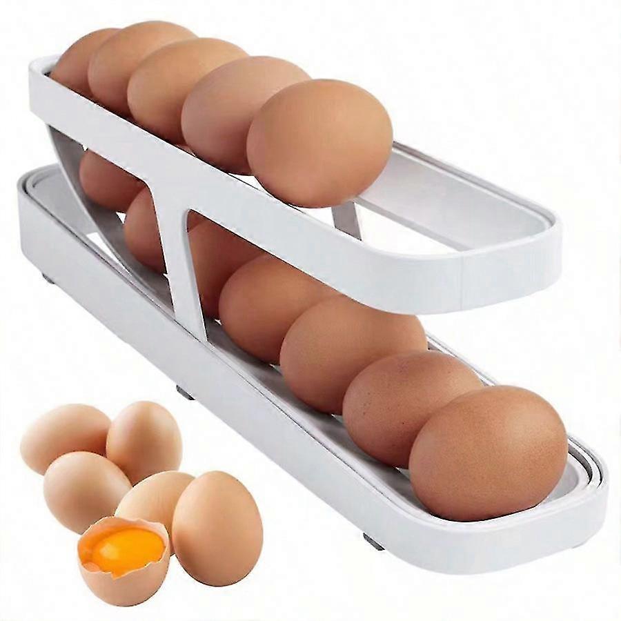 Refrigerator side door egg storage box with automatic egg rolling tray