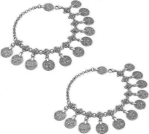 2PCS women's beach anklet (silver) tribal coins tassel gypsy anklet adjustable bohemian anklet jewelry
