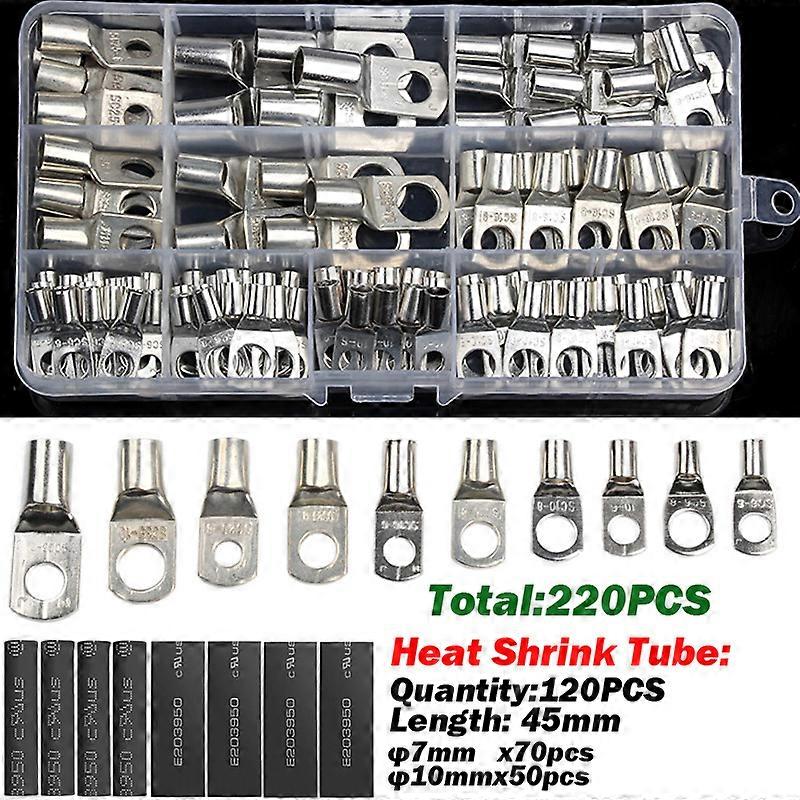 220PCS SC Tinned Copper Silver Ring Lug Wire Connectors Bare Cable Terminal With Box