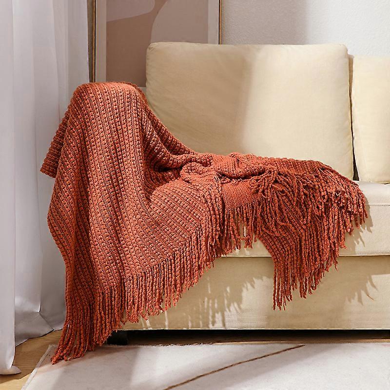 Fall Sofa Blanket - Soft Boho Style Blanket, Cozy Rust Color Knitted Farmhouse Chenille Blanket, Small Knitted Lightweight Blanket and Blanket for Bed