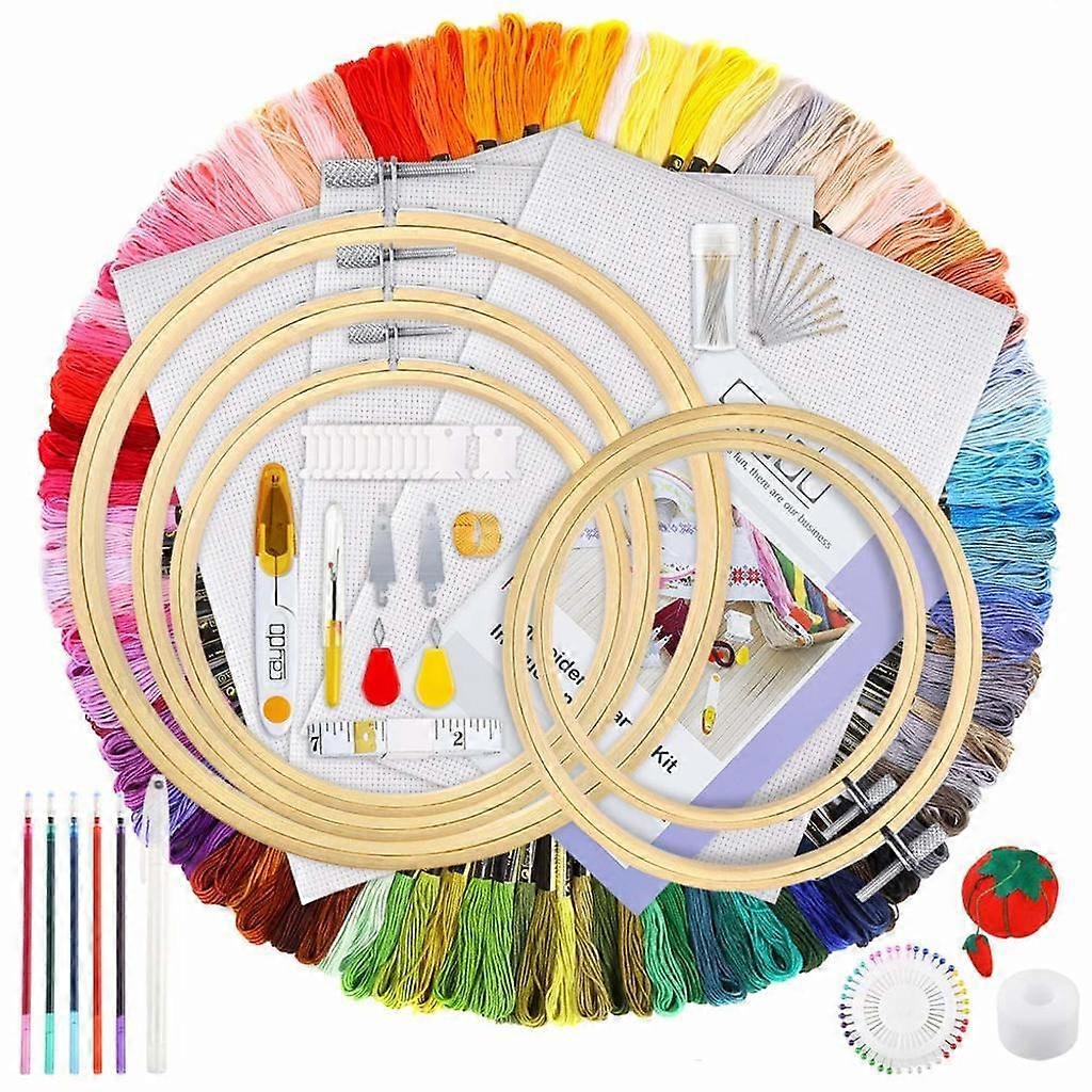 154-Piece Embroidery Set With Instructions, 100 Colored Threads, 5-Piece Bamboo Hoop, Cross-Stitch Tools For Adults And Beginners For Children