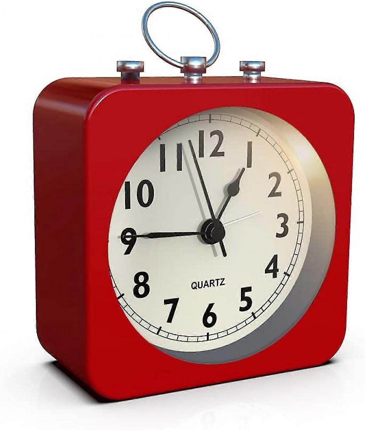 Battery Operated Alarm Clock With Square Metal Case,no Ticking Analog Quartz, Simple Operation For Bedroom/travel/desk/kidsred